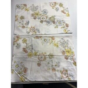 Vintage Floral Pillowcases White Blue Yellow Green Flowers Standard Set of 2